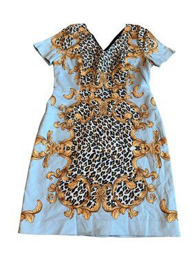 Boston Proper Blue Animal Print Baroque Sheath Dress Party Cotton Luxury Size 10
